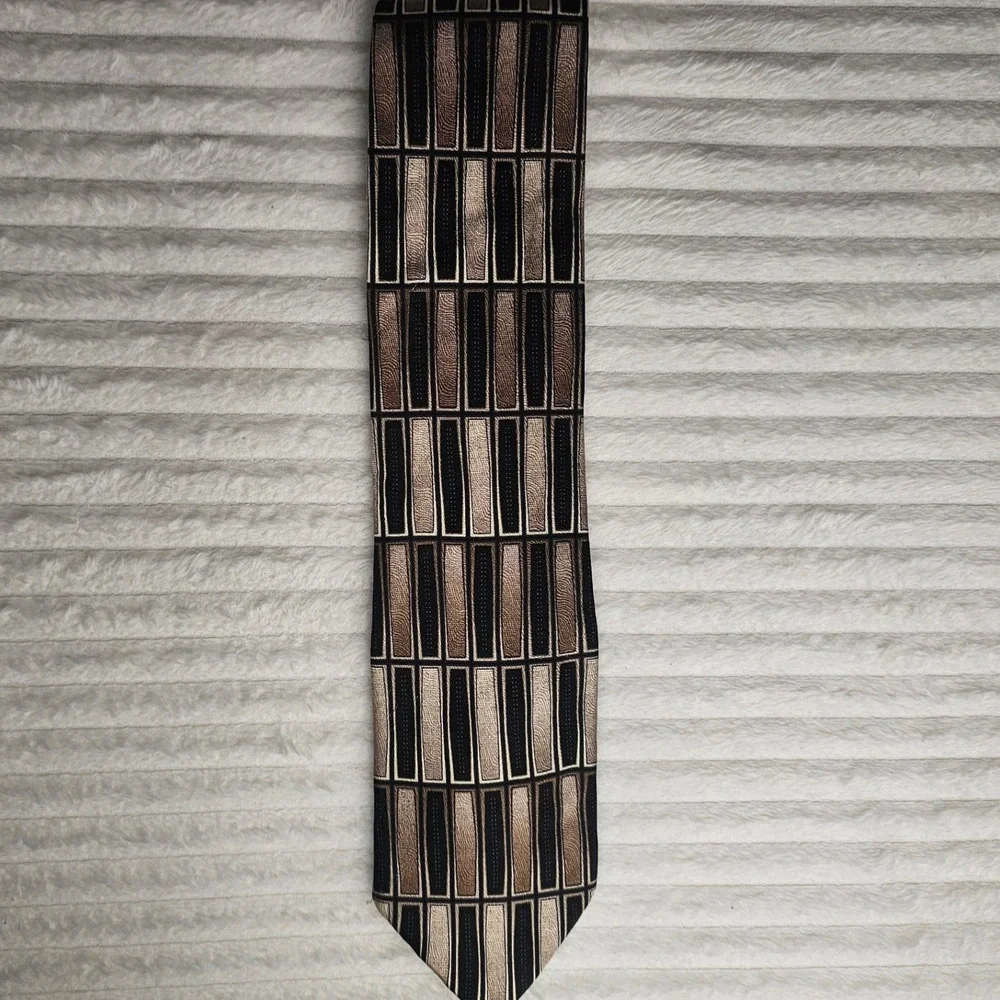 Mens 100% Silk Geometric Necktie 60in Brown Black Tan Modernist Retro